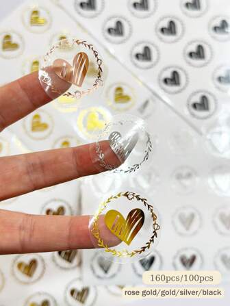 160pcs/100pcs Metallic Foil Transparent PVC Stickers, Heart-Shaped Stickers, Plastic Waterproof Seals, Thank You Envelope Seals, Cake & Gift Box Decorative Stickers In Gold, Rose Gold, Black, Silver Colors, Multi-Colored Assorted, Back To School Valentine Day