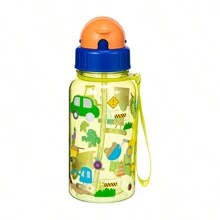 1pc 500ml Cute Cartoon Print Water Bottle With Straw For School Leak Proof & Easy Clean & Carry Handle, For Outdoor, Camping