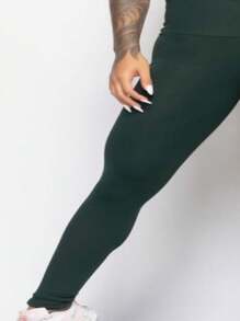 Basic High Waist Leggings - 軍綠色 - 查看 2