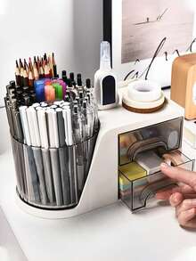 1 Hộp đựng đồ để bàn xoay 360° có 2 ngăn kéo, 6 khe cắm bút chì đa năng, hộp đựng đồ trang điểm để bàn, hộp đựng đồ dùng văn phòng phẩm, hộp đựng đồ dùng nghệ thuật cho văn phòng, trường học, gia đình - Nhiều màu - Xem 3