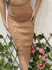 WOMEN'S ISA FASHION WOMEN'S PLAIN KNITTED MODAL MIDI SKIRT - 棕色 - 查看 5