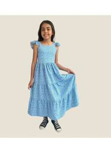 Children's And Youth Long Dress 3 Marias Printed Evangelical Fashion Children's And Youth Crepe Floral Print (Vinf021) - 藍色 - 查看 1