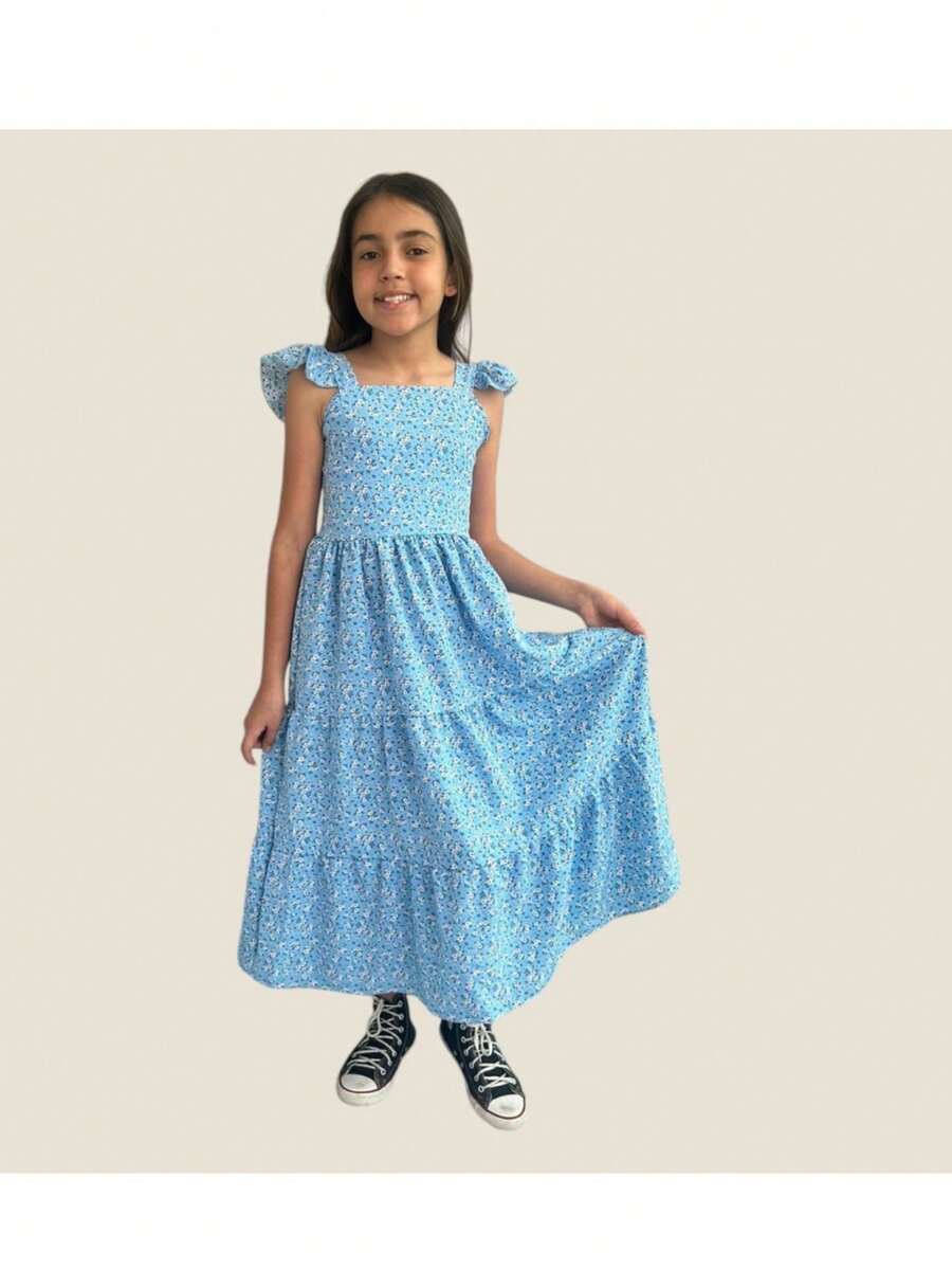 Children's And Youth Long Dress 3 Marias Printed Evangelical Fashion Children's And Youth Crepe Floral Print (Vinf021) - 藍色 - 查看 1