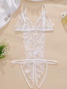 Ning xue yan ying Women's Hollow Out See-Through,Bow Decorated,Floral Lace ,Elasticity,Backless,Classic Sexy Bodysuit Lingerie,Women's Sexy Teddy Jumpsuit ﻿