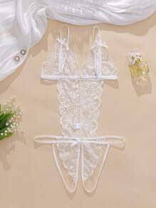 Ning xue yan ying Women's Hollow Out See-Through,Bow Decorated,Floral Lace ,Elasticity,Backless,Classic Sexy Bodysuit Lingerie,Women's Sexy Teddy Jumpsuit ﻿