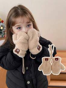 1 st. Kinderhandschoenen Winter Warm Pluche Hang Nek Handschoenen Jongens Meisjes Cartoon Beer Baby Winddichte Volledige Vinger Handschoenen Voor Buitenspelen, Geschikt Voor 2-5 Jaar Oud