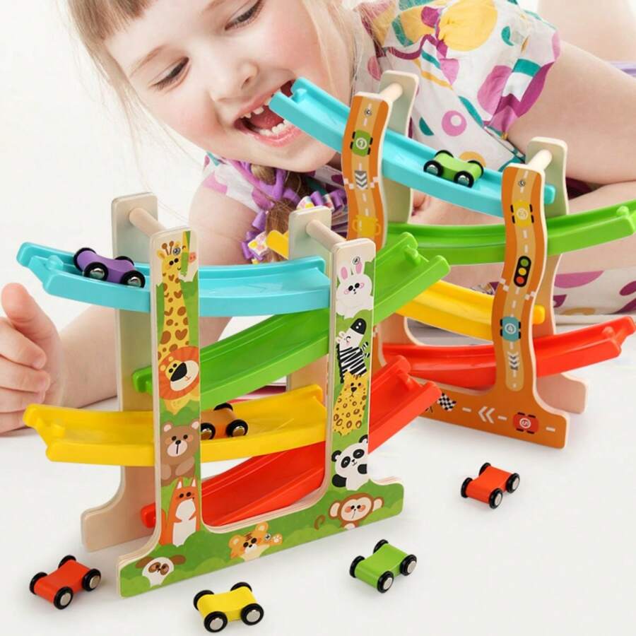 Wooden Ladder Gliding Car Ramp Racer Toy Vehicle Set Mini Cars & Race Tracks, Rail Glider Car Montessori Toys Christmas Gifts - Animal - View 1