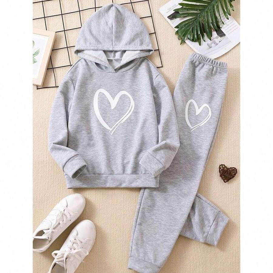 Women's Heart Sweatshirt And Pants Winter Fashion Kit - 灰色 - 查看 1
