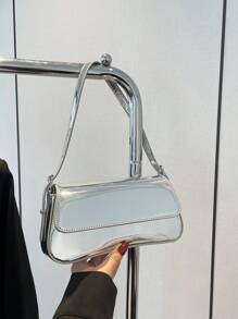 In 2024, The New Fashion Classic Joker Solid Color Pu Waterproof Fabric Mirror Solid Color Spice Girl Style Motorcycle Wind Underarm Baguette Shoulder Bag Is Suitable For Going Shopping And Attending Parties.