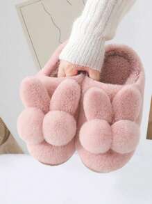 时尚兔耳朵装饰防滑保暖毛绒学生拖鞋，儿童/青少年拖鞋