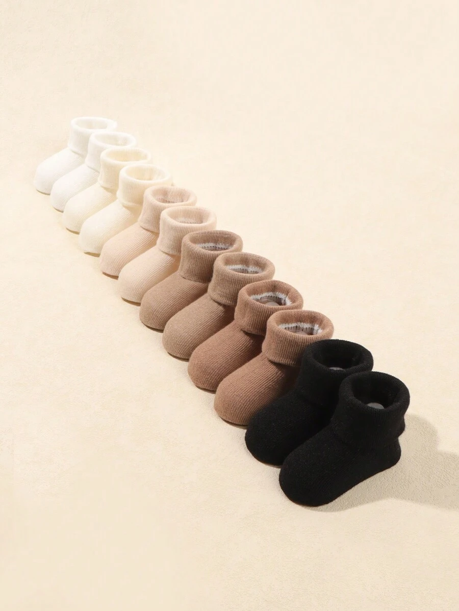 6pairs/Pack Infant Solid Color Flat Turnover Toe Socks, Fall & Winter - Multicolor - View 1