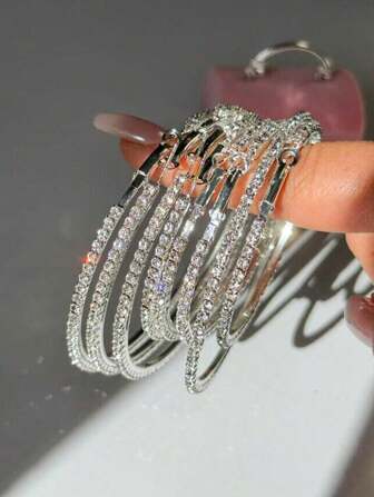 6pcs Fashionable, Elegant, Sexy, Simple, Exquisite Sparkling Rhinestone C Hoop Earrings Set - Perfect For Holidays, Parties, Dates, Gifts & Everyday Wear
