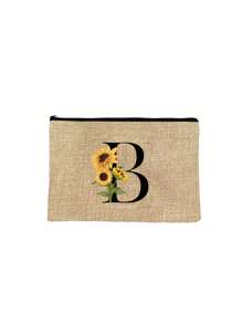 1pc Initials Printed Women's Makeup Bag, Khaki Small Bag, Sunflower Flower Print, Letters A-Z, Cosmetic Bag, Portable Wash Bag, Teacher's Day Gift, Reusable Makeup Bag, Women's Simple And Large Capacity Makeup Bag, Suitable For Weddings, Mother And Grandmother's Birthday Gifts, Ladies, Friends, Bridesmaids, Essentials Make Up Bag Holiday Essentials Makeup Bags Makeup Pouch 2024 Makeup Organizer Make Up Organizer Makeup Storage - Khaki - View 32