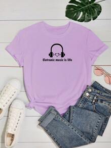Women's Baby Look T-Shirt Printed Electronic Music Phrase Various Colors 100% Cotton - 紫色 - 查看 2