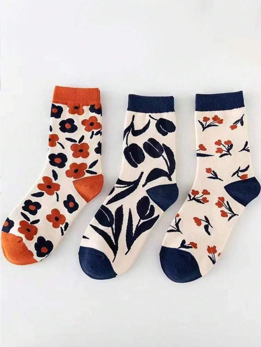1/3 Pairs Women Color Block Floral Jacquard Pattern Vintage Style Comfortable Soft Casual Mid-Calf Socks, Suitable For Daily Wear, Fall - Multicolor - View 1