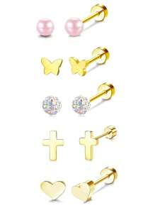10pcs Small Hypoallergenic Flat Back Stud Earrings For Women Men Golden Plated Stainless Steel Earring Sets Tiny Screw Back Cartilage Earring