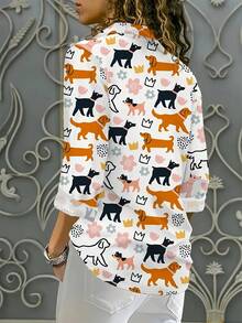 Women's Dog Print Button Up Casual Shirt, Spring Autumn New Arrival