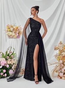 Elisanya 女士长款单肩飘逸前开衩礼服，适合舞会、聚会、宴会、晚礼服，优雅亮片 - 黑色 - 查看 3
