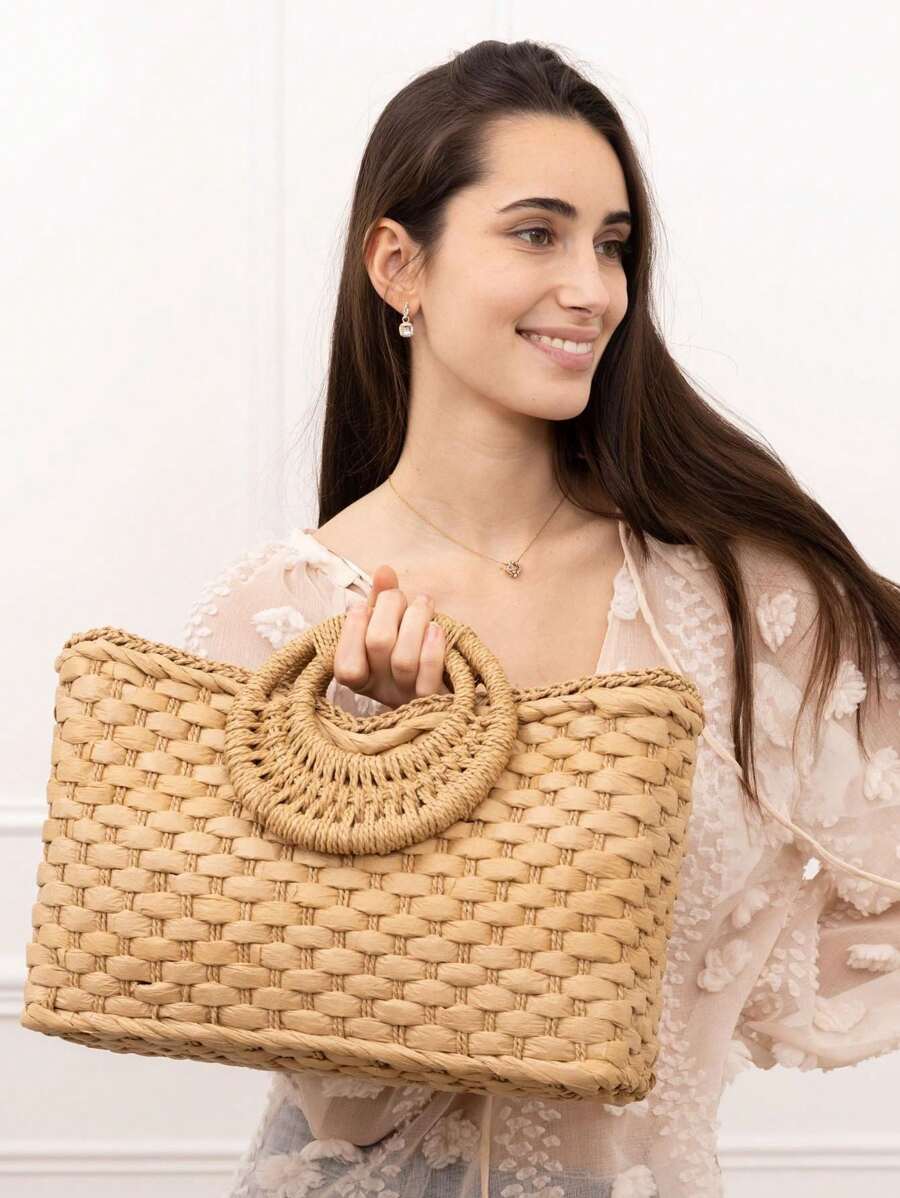 Bolso de playa grande con capacidad, tejido en paja cuadrado, con estilo retro, ideal para vacaciones de verano
