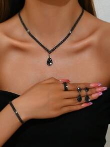 奢华镶钻水滴形项链、手链、耳环和戒指套装、婚礼配饰 - 銀色 - 查看 3