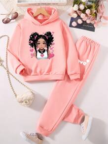 Bộ 2 món gồm áo hoodie dài tay in hình trái tim và quần dài cho bé gái, trang phục thể thao thường ngày, phù hợp cho mùa xuân/thu, món quà tuyệt vời cho bé gái khi đi dã ngoại. - Hồng - Xem 2