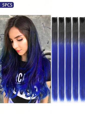 5片装黑蓝混色夹式接发，20英寸长直发，夹式合成材质，适合万圣节角色扮演、时尚派对、圣诞节、新年等场合，可作为女性礼物，也可用于圣诞节、新年狂欢节、音乐节等（黑蓝混色）