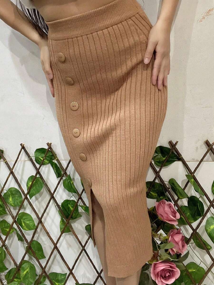 WOMEN'S ISA FASHION WOMEN'S PLAIN KNITTED MODAL MIDI SKIRT - 棕色 - 查看 1