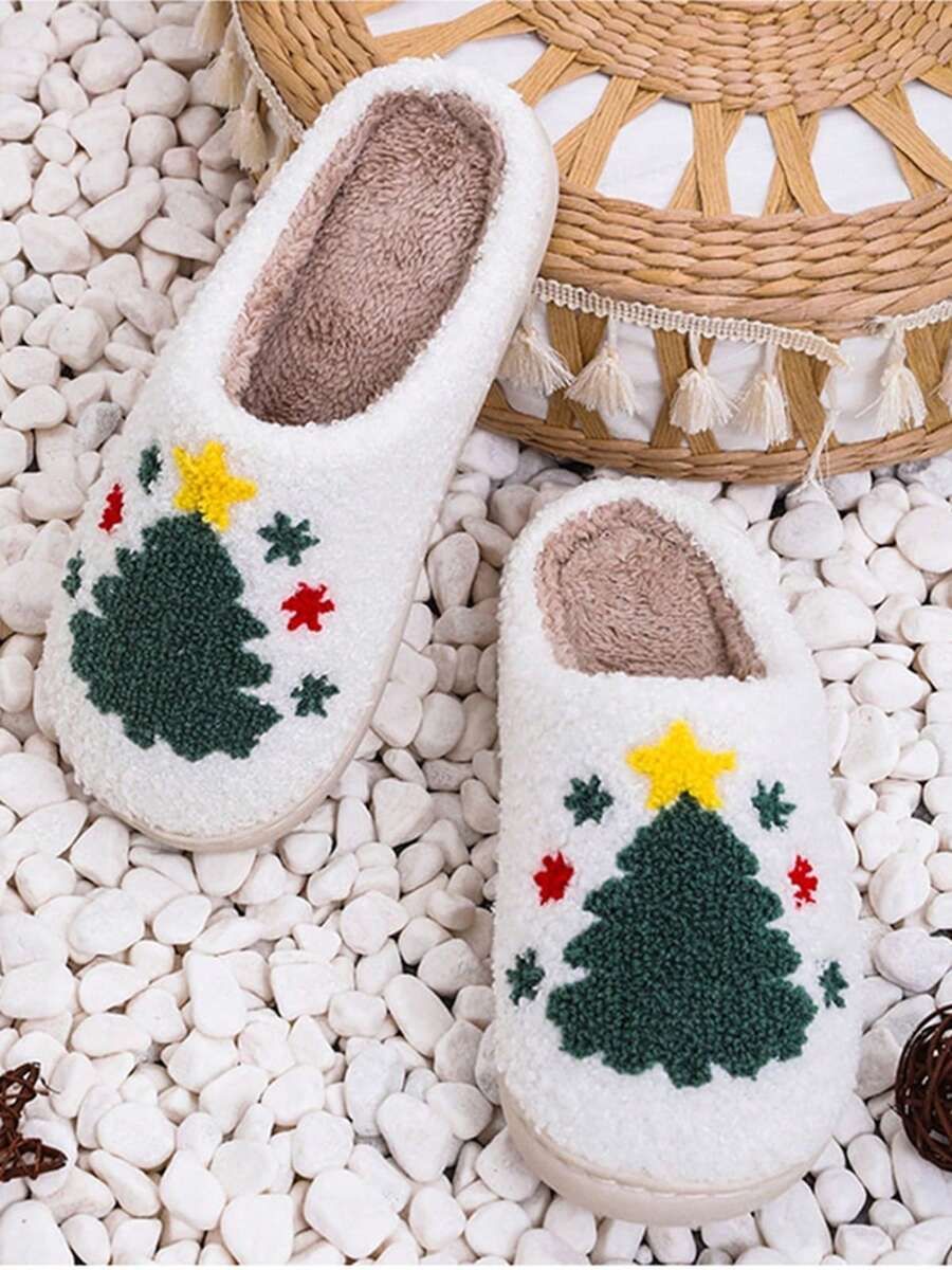 Christmas Style Pattern Fuzzy Slippers For Women And Men, Winter Warm Closed Toe Flat Floor Shoes, Cozy Soft Sole Romantic Winter Home Slippers For Valentine's Day - 樹 - 查看 1
