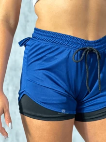 Women's 2 In 1 Shorts Men's Gym Running Workout Shorts With Elastane - Baby Blue - View 2