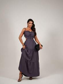 Elegant Long Frufru Três Marias Dress With Adjustable Straps And Tie - Xám - Xem 2