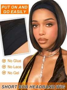 Synthetic Headband Wig Straight Bob Wigs For Women 10'' 14'' 26''Black And Mix Brown Headband Wig Short Easy Put On And Go Glueless Wigs Short Straight Wigs Heat Resisitant Bob Wig With Headband For Halloween - Multicolor - View 4