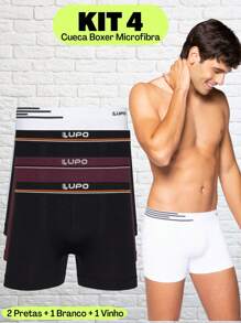 Kit 4 Cuecas Boxer Lupo Sem Costura Microfibra Masculino Box - Preto e Branco - Visão 1