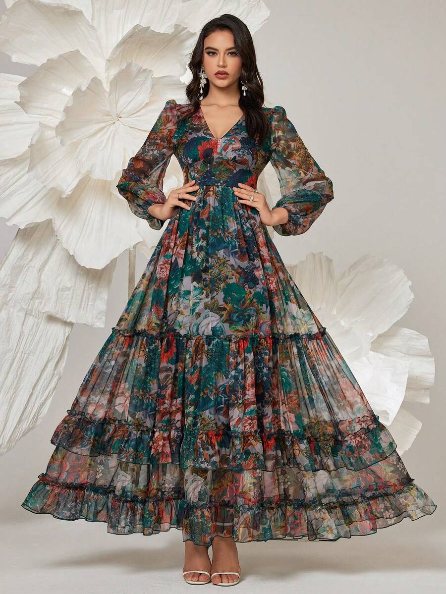 Women Vintage Floral Print Long Sleeve Frill Trim Summer Dress Spring Vacation Elegant - Green - View 1