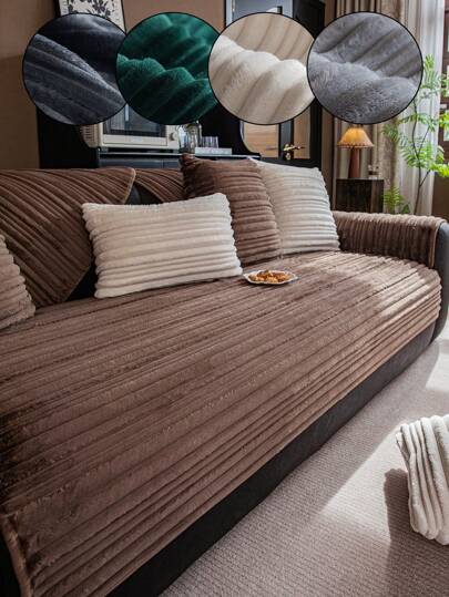 1pc Fluffy Solid Color Sofa Cushion With 3D Design, Ins Style, Soft & Comfortable, Warm For Autumn Winter, Pet Scratch & Dirt Resistant, Washable, Non-Slip Sofa Cover For 1/2/3/4 Seater Living Room/Bedroom