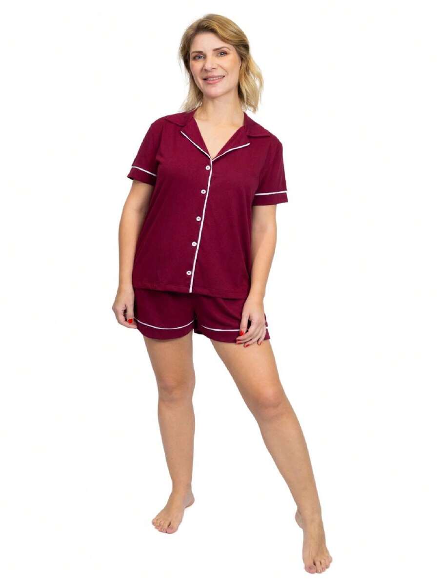 Women's Cotton Pajamas Short American Short Sleeve With Button Summer Adult Buttons Indicated For Pregnant Women Breastfeeding And Post-Surgery - Burgundy - - 紫紅色 - 查看 1