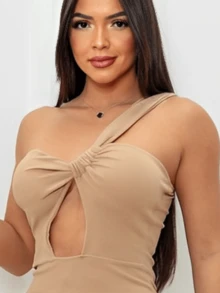 Women's Short Dress With One Strap And Ribbed Wrap - 米色 - 查看 5