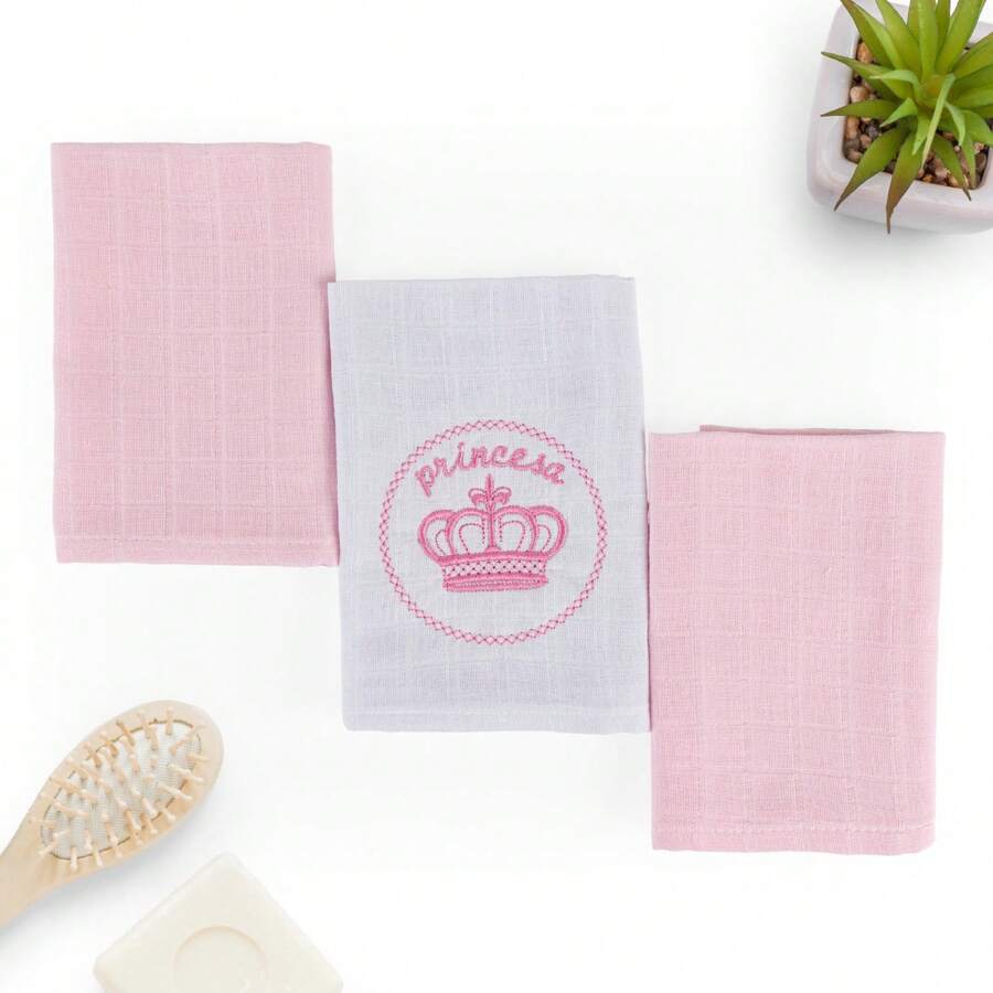 Baby Boy And Girl Mouth Diaper Kit 03 Pieces Embroidered Mouth Cloth Various Prints - 淺粉色 - 查看 1