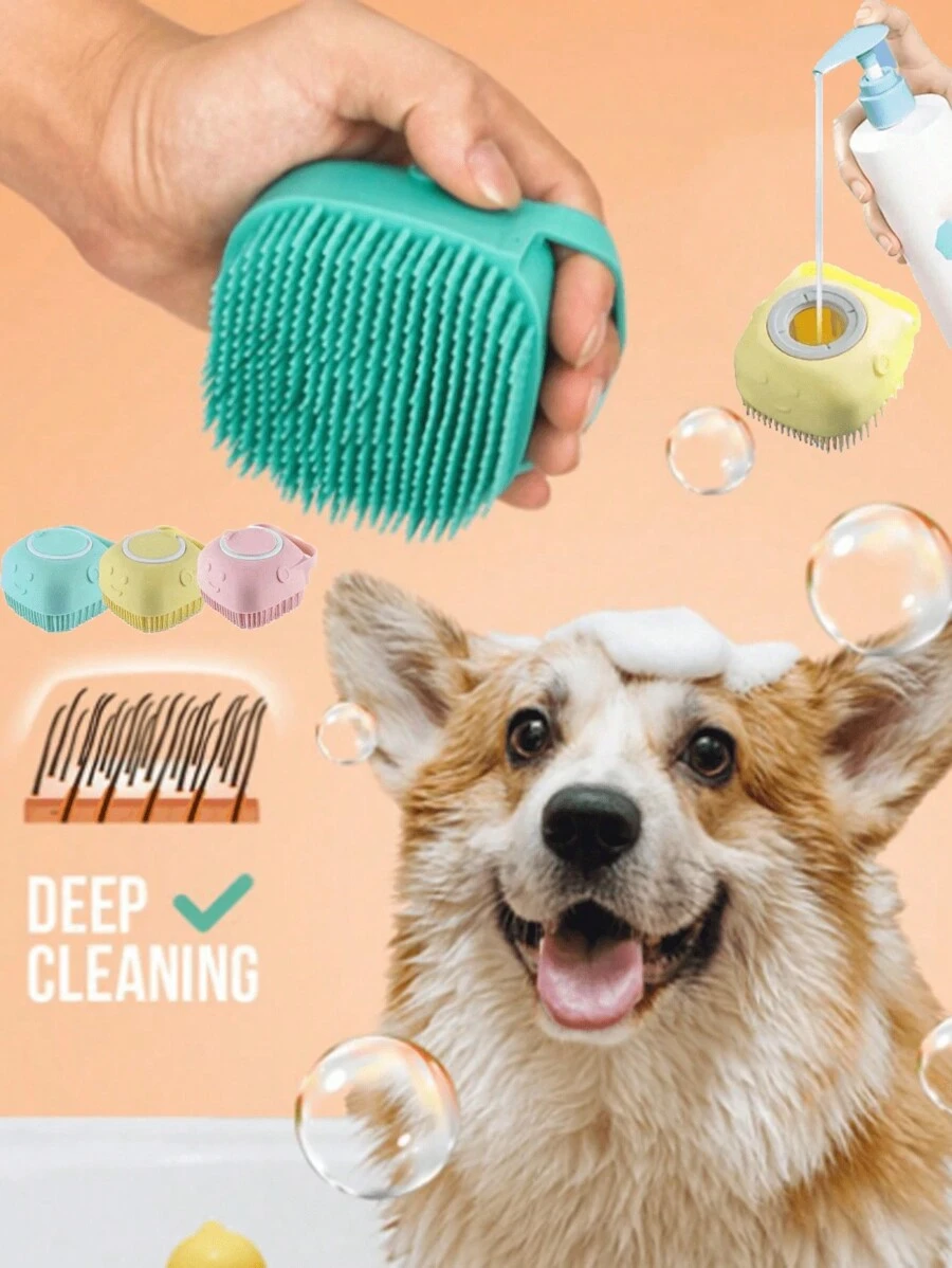 1 件装黄色柔软硅胶宠物刷，适用于狗和猫，狗毛按摩沐浴刷，带沐浴露分配器 - 黃色 - 查看 1