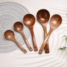 1pc Old Lacquer Wooden Spoon Household Kitchen Soup Large Solid Wood Curved Handle Long Handle Spoon Wooden Tableware