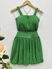 Women's Set Of Cropped Top With Cups And Balloon Skirt With Lining \ Pleated Fabric - màu xanh lá - Xem 1