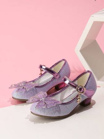 女童时尚蝴蝶高跟休闲正装鞋，适合派对/舞蹈表演