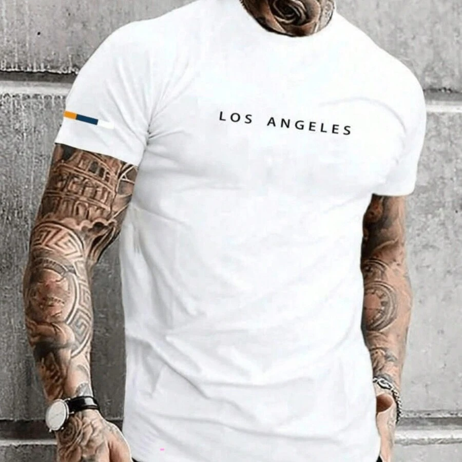 Basic T-Shirt Streetwear Shirt Slim Men's T-Shirt Promotion Cotton Various Colors Printed Los Angeles Arm Strap Special Edition Super Promotion - 白色 - 查看 1