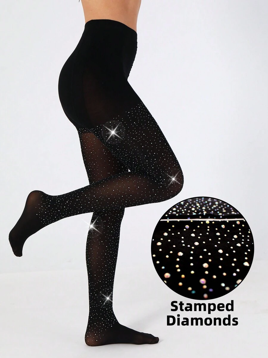 1 Pair Women Rhinestone Glitter Tights 80D Semi Opaque Tights Night ...