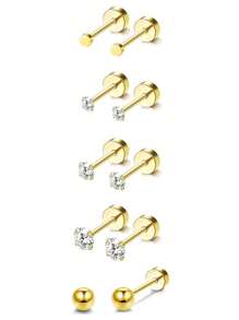 10pcs Small Hypoallergenic Flat Back Stud Earrings For Women Men Golden Plated Stainless Steel Earring Sets Tiny Screw Back Cartilage Earring