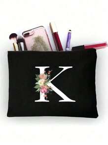 1pc Initials Printed Women's Makeup Bag, Black Small Bag, White Letters A-Z, Cosmetic Bag, Portable Wash Bag, Teacher's Day Gift, Reusable Makeup Bag, Women's Simple And Large Capacity Travel Makeup Bag Suitable For Men And Women, Couples, Daily Use, Birthdays, Holidays, Back To School, Vacation, Beach, Travel, Students, Daily Storage, Personalized Gift Bag, Suitable For Weddings, Mother And Grandmother's Birthday Gifts, Ladies, Friends, Bridesmaids, Travel Essentials Makeup Organizer - Black - View 14