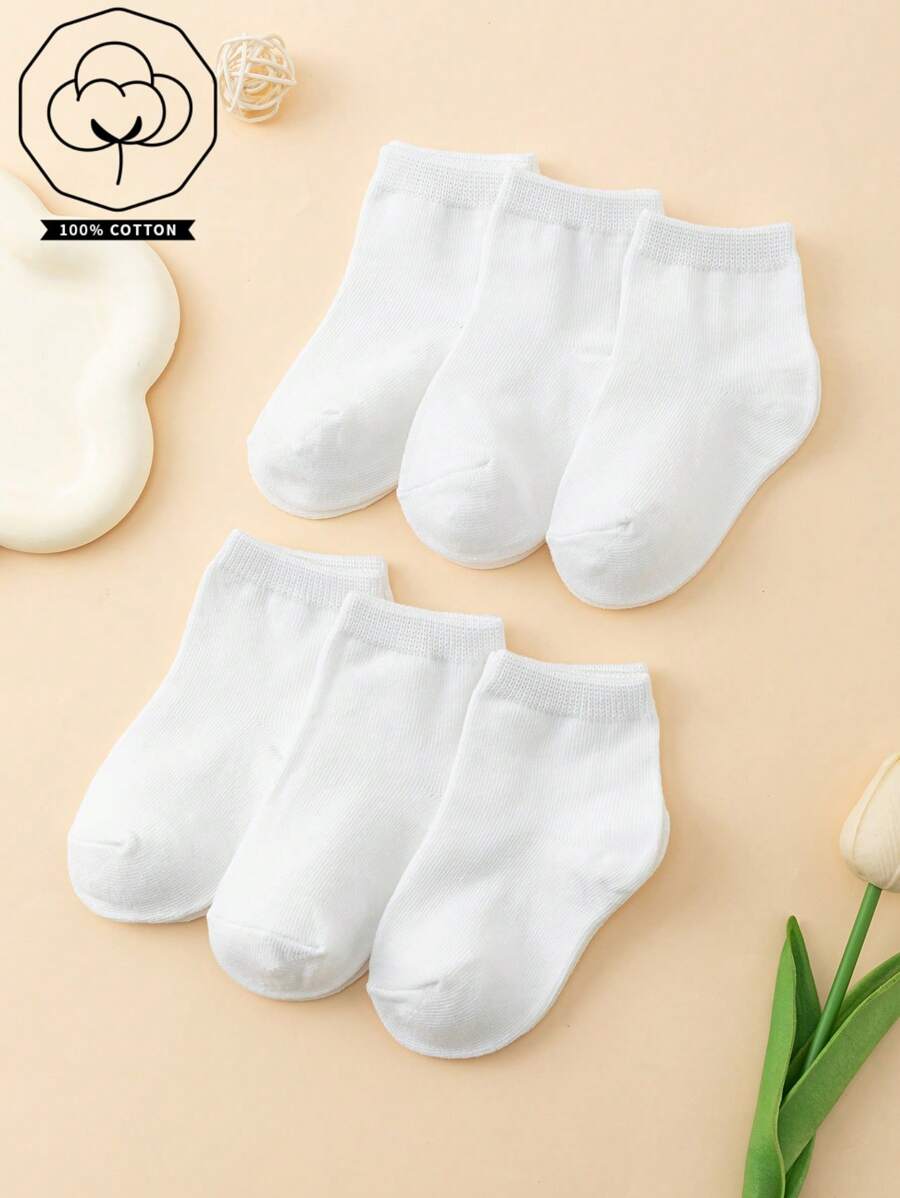 6 Pairs Baby Solid Color Simple & Fashionable 100% Cotton Soft Casual Mid-Calf Socks