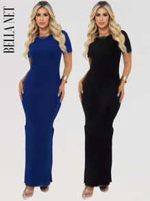 BELLA  NET KIT 2 Long Dresses With Sleeves And Side Slits, Beautiful Foreign Fashion - Màu xanh hải quân - Xem 1
