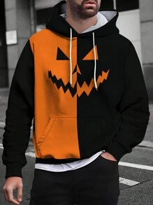 Felpa con cappuccio da uomo in stile rock di strada, con stampa a colori a contrasto, casual per primavera, autunno e inverno, adatta anche per Ognissanti - Bianco e nero - Visualizzare 7