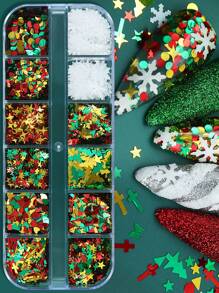 12 格圣诞快乐美甲装饰全息闪光圣诞树亮片 3D 亮片指甲配件冬季雪花美甲 - 彩色 - 查看 1