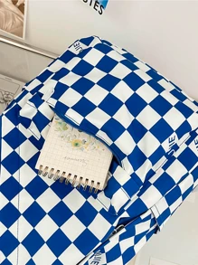 Mochila clásica tablero de ajedrez patrón de color combinado preppy con accesorio de bolso - Azul - Ver 6